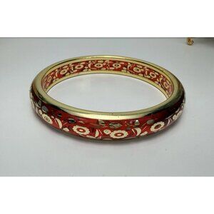 Vintage Red Translucent Floral Lucite Bangle Bracelet Gold Tone Size 8